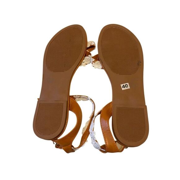 Floral Flat Sandals Ankle Strap Sz 9 Beach Bohemian Summer Boho Vacation Coast - Picture 10 of 11